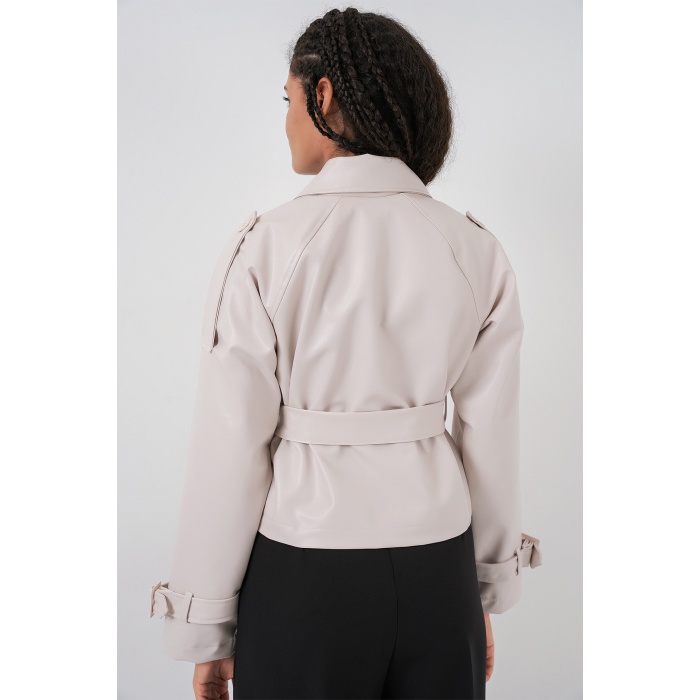 Kadın Kemerli Suni Deri Ceket 1046 - Ekru