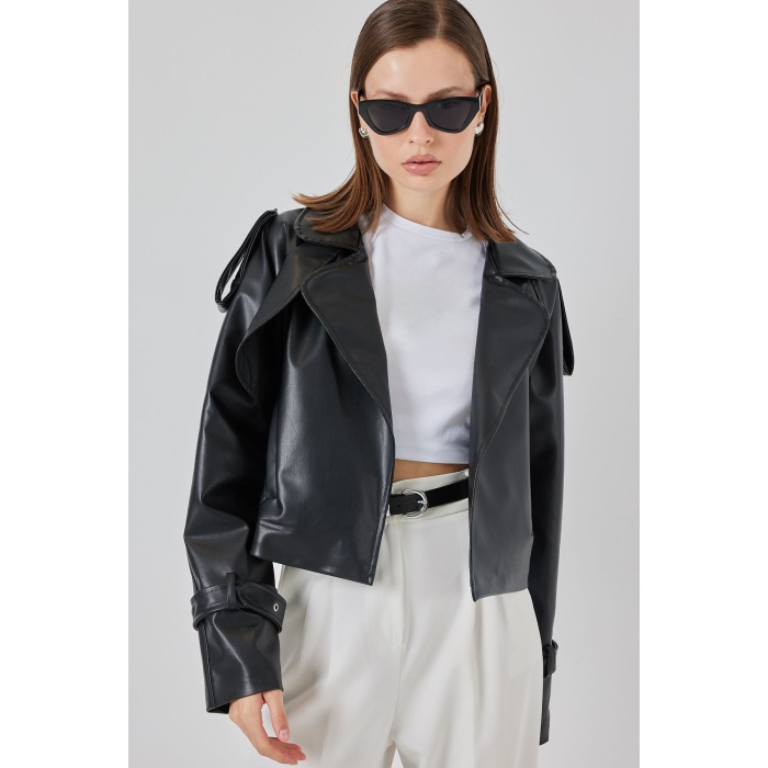 Kadın Oversize Deri Mont Ceket 1047 - Siyah