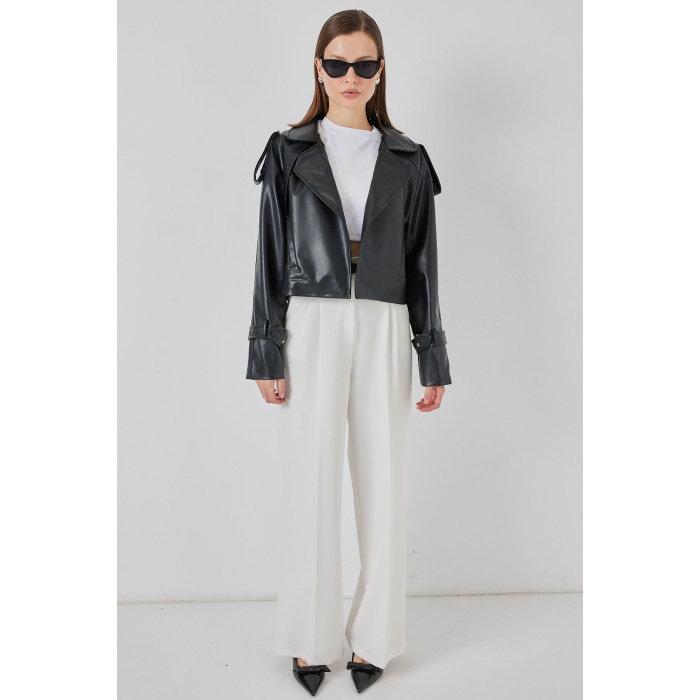 Kadın Oversize Deri Mont Ceket 1047 - Siyah