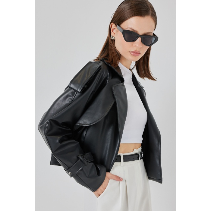 Kadın Oversize Deri Mont Ceket 1047 - Siyah