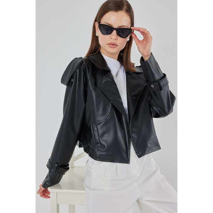 Kadın Oversize Deri Mont Ceket 1047 - Siyah