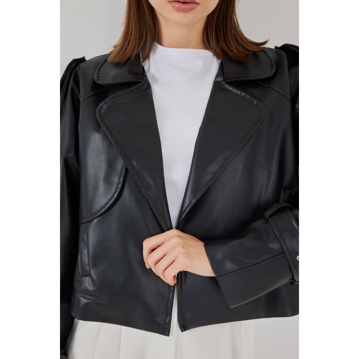 Kadın Oversize Deri Mont Ceket 1047 - Siyah