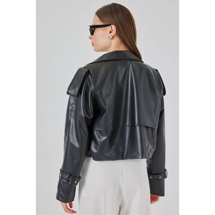 Kadın Oversize Deri Mont Ceket 1047 - Siyah