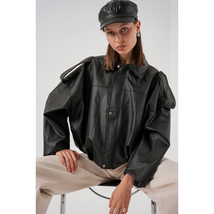 Kadın Oversize Deri Ceket 1055 - Siyah