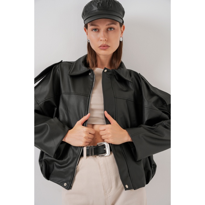 Kadın Oversize Deri Ceket 1055 - Siyah