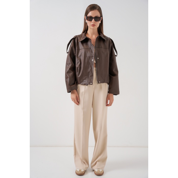 Kadın Oversize Deri Ceket 1055 - Kahverengi