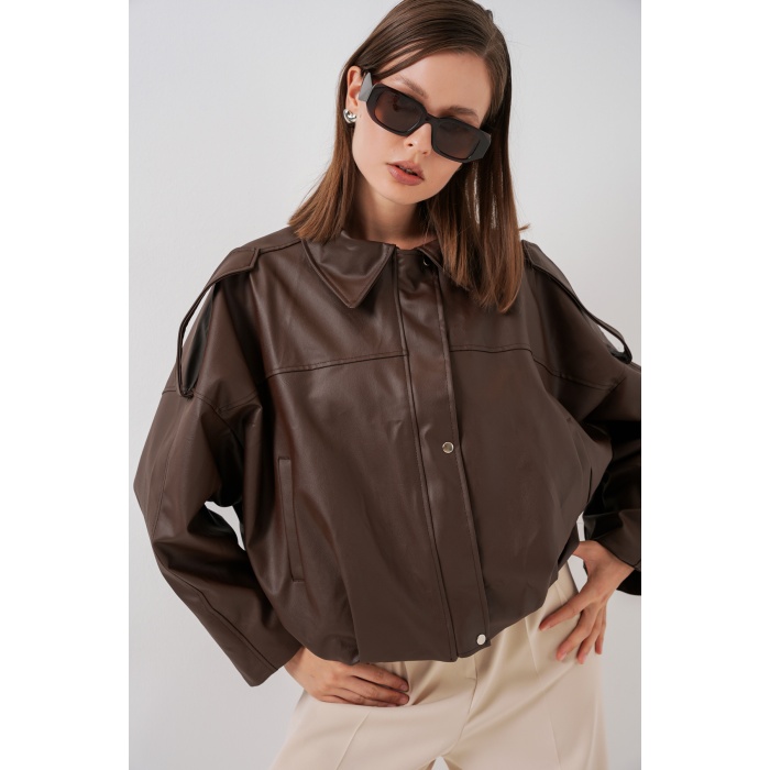Kadın Oversize Deri Ceket 1055 - Kahverengi