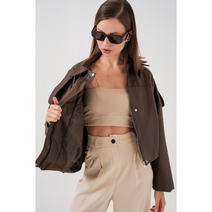 Kadın Oversize Deri Ceket 1055 - Kahverengi