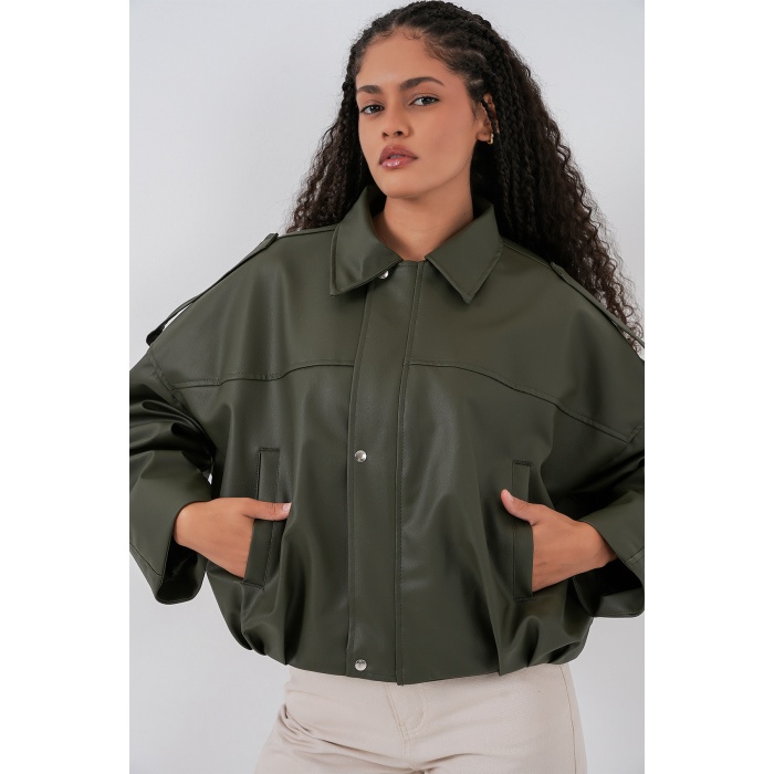 Kadın Oversize Deri Ceket 1055 - Haki