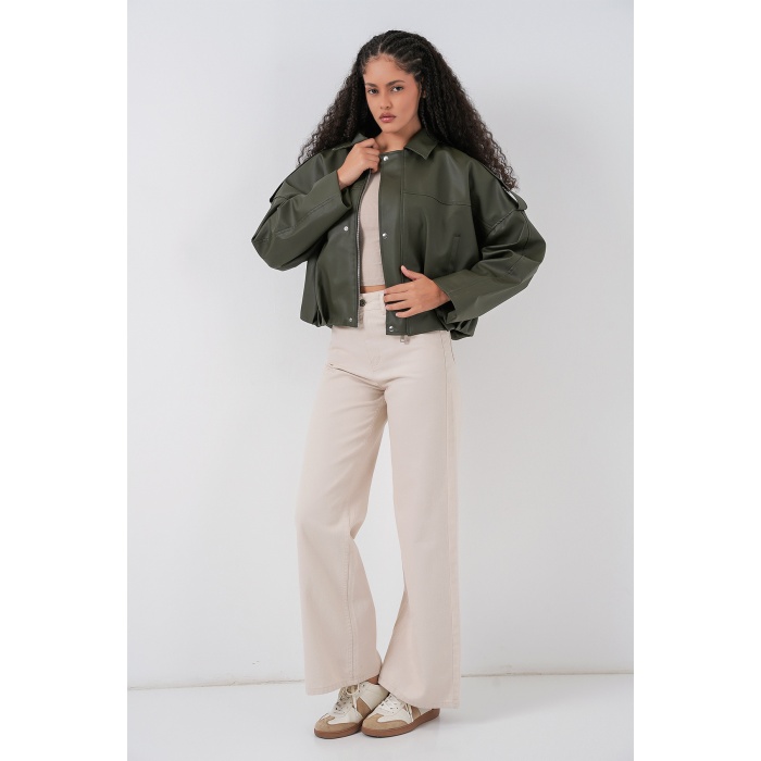 Kadın Oversize Deri Ceket 1055 - Haki