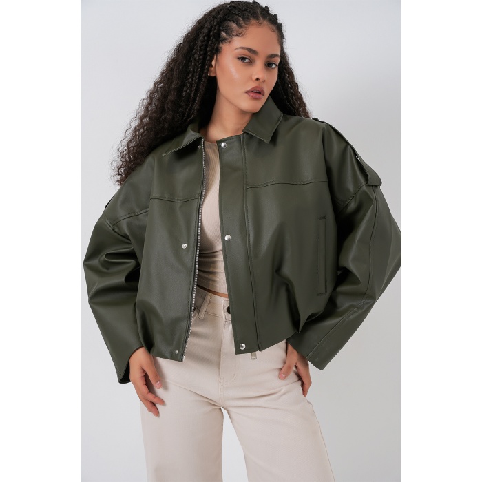 Kadın Oversize Deri Ceket 1055 - Haki