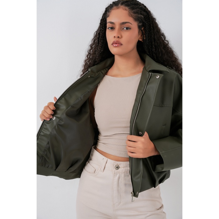 Kadın Oversize Deri Ceket 1055 - Haki