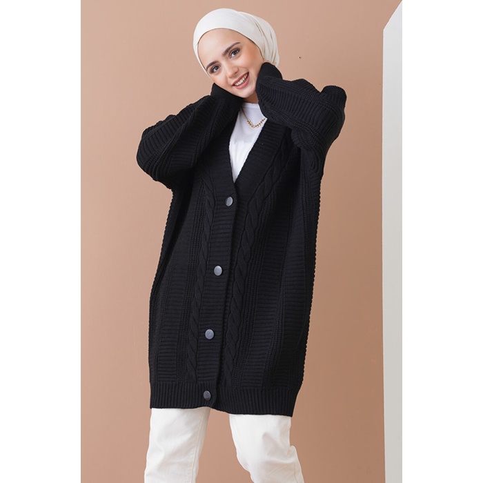 15768 Tesettür Triko Hırka - Siyah