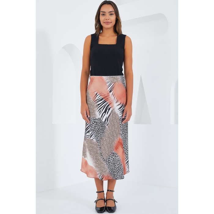 Kadın Somon Siyah Desenli Saten Etek 15806
