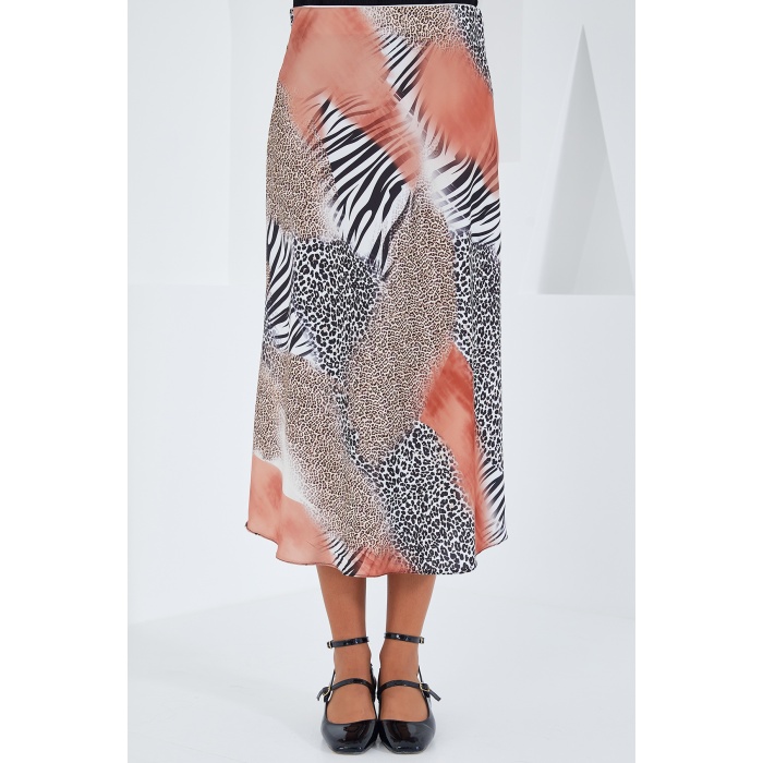 Kadın Somon Siyah Desenli Saten Etek 15806