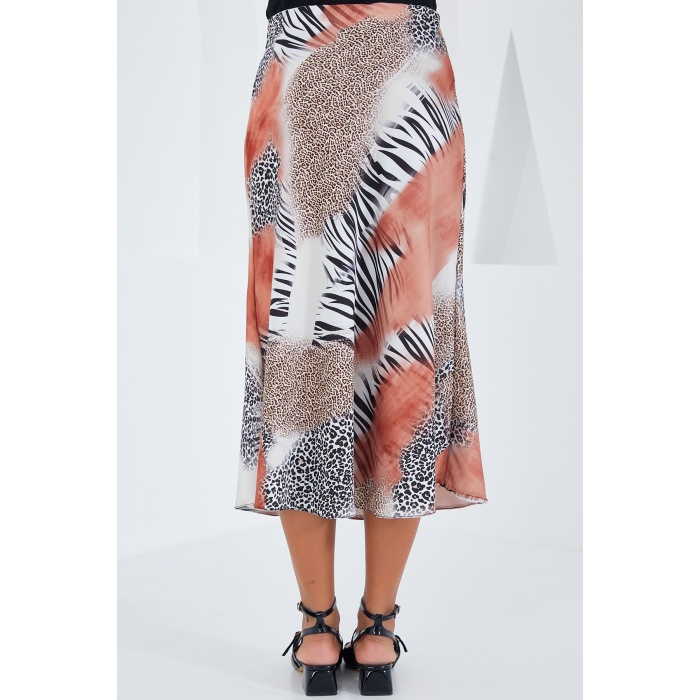 Kadın Somon Siyah Desenli Saten Etek 15806