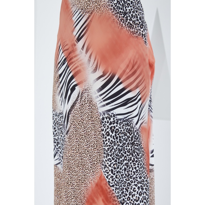 Kadın Somon Siyah Desenli Saten Etek 15806