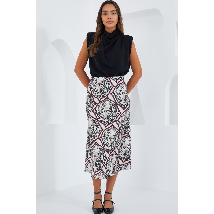 Kadın Siyah Kırmızı Desenli Saten Etek 15806