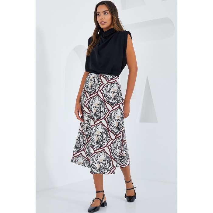 Kadın Siyah Kırmızı Desenli Saten Etek 15806
