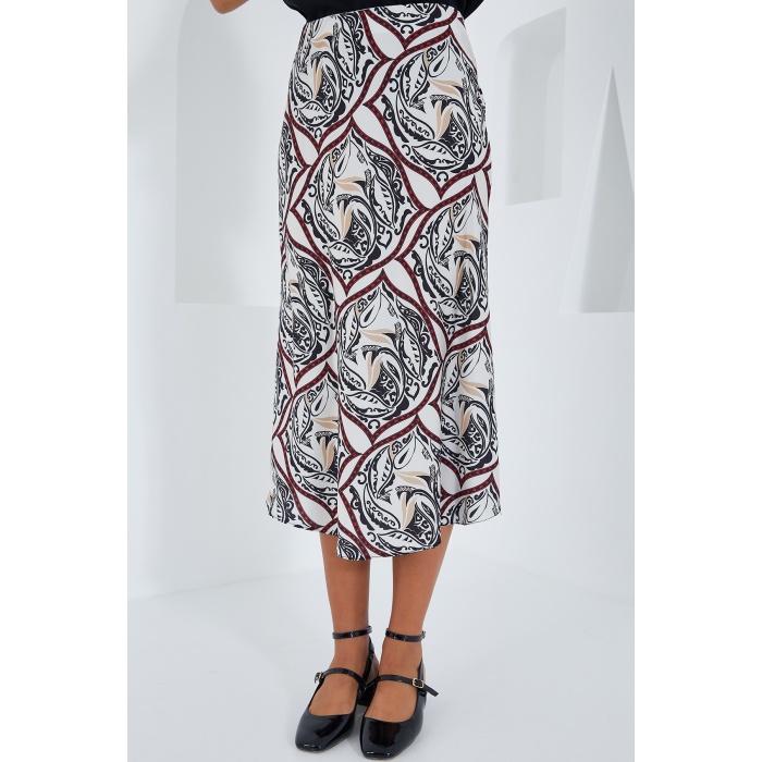 Kadın Siyah Kırmızı Desenli Saten Etek 15806