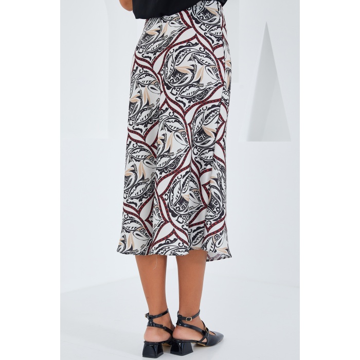 Kadın Siyah Kırmızı Desenli Saten Etek 15806