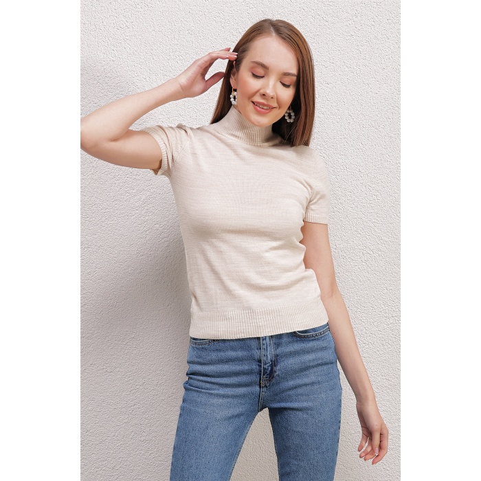 15819 Kısa Kollu Boğazlı Kazak - Krem