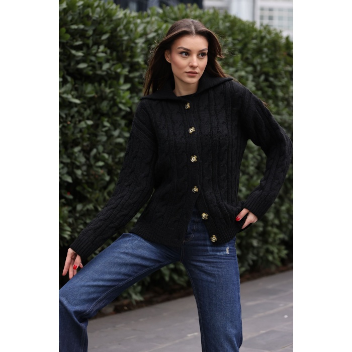 15856 Saç Örgülü Hırka - Siyah