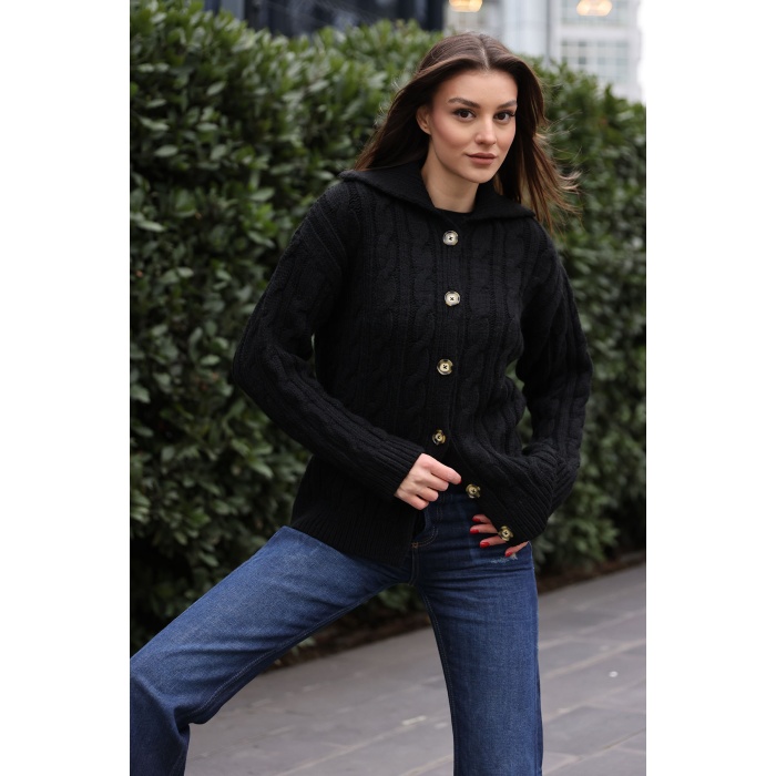 15856 Saç Örgülü Hırka - Siyah