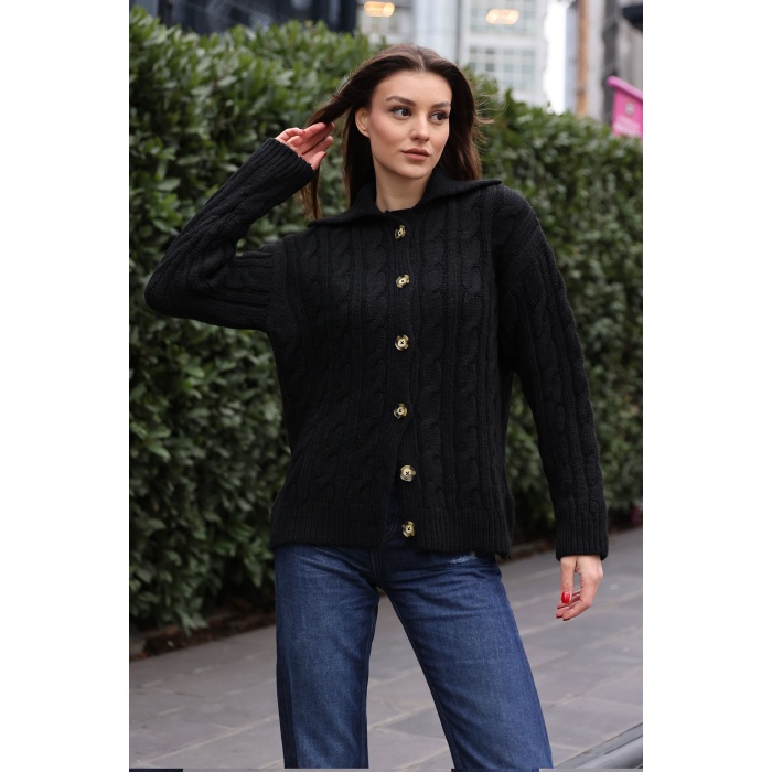 15856 Saç Örgülü Hırka - Siyah