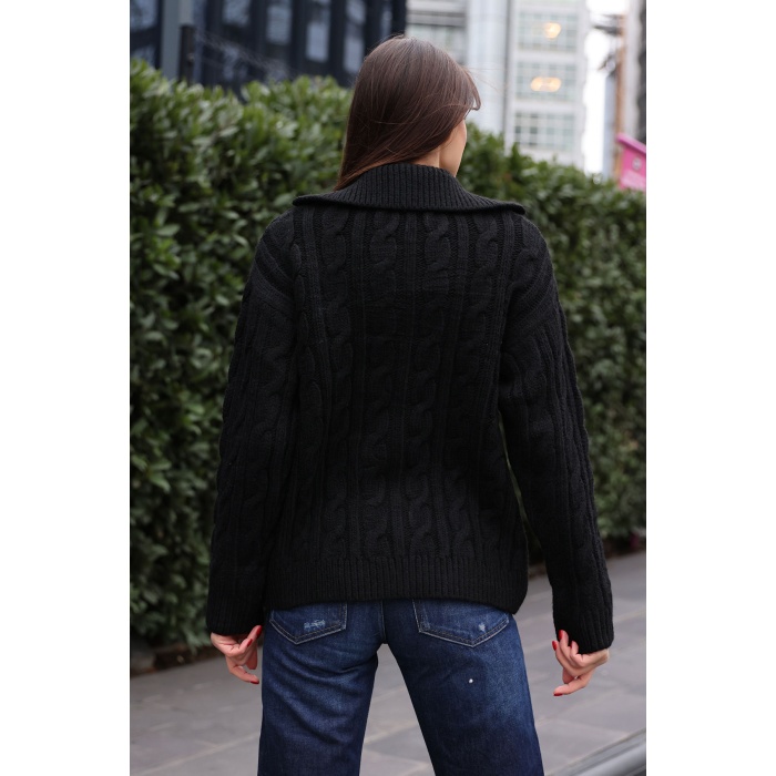 15856 Saç Örgülü Hırka - Siyah