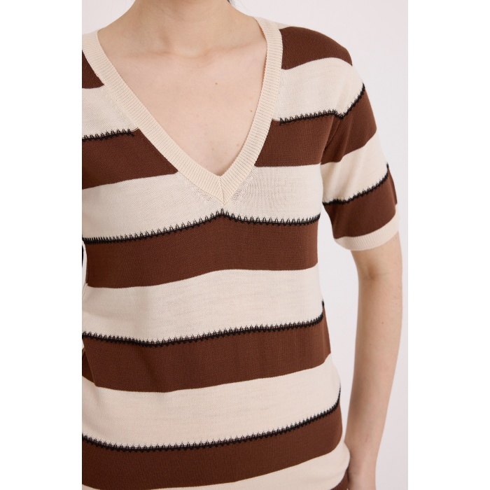 Kadın Kahve Krem Çizgili Kısa Kol Bluz 15869