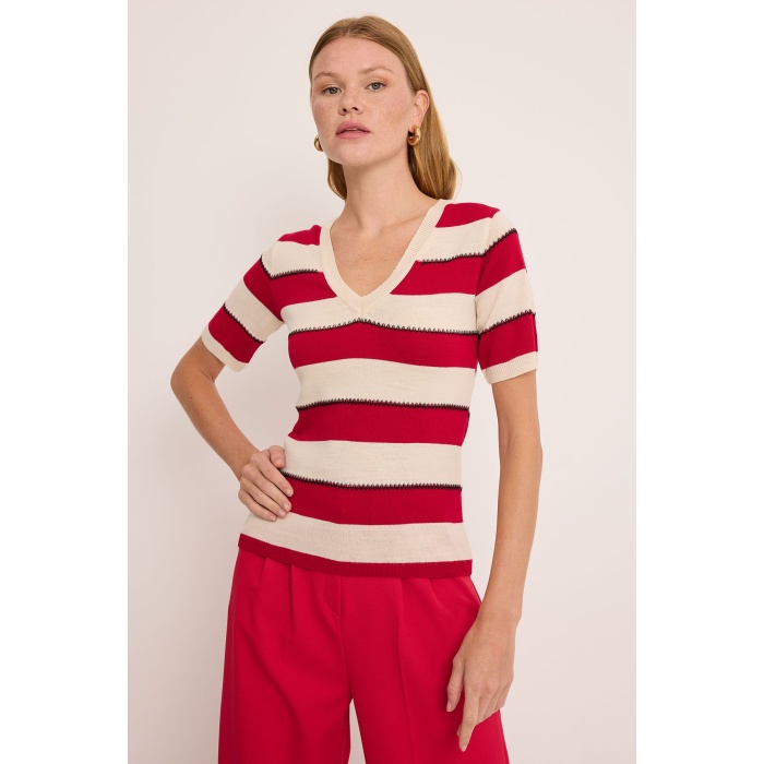 Kadın V Yaka Kırmızı Beyaz Çizgili Bluz 15869