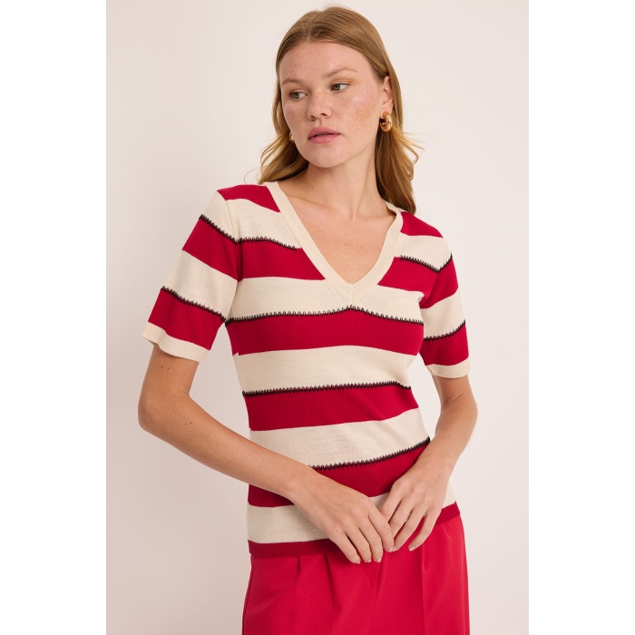 Kadın V Yaka Kırmızı Beyaz Çizgili Bluz 15869