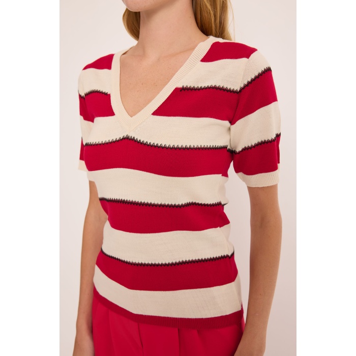 Kadın V Yaka Kırmızı Beyaz Çizgili Bluz 15869