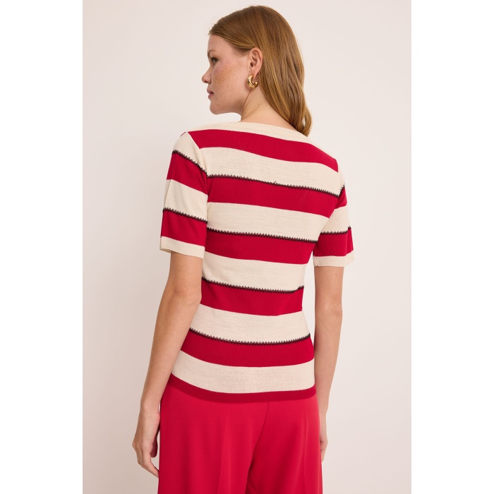 Kadın V Yaka Kırmızı Beyaz Çizgili Bluz 15869