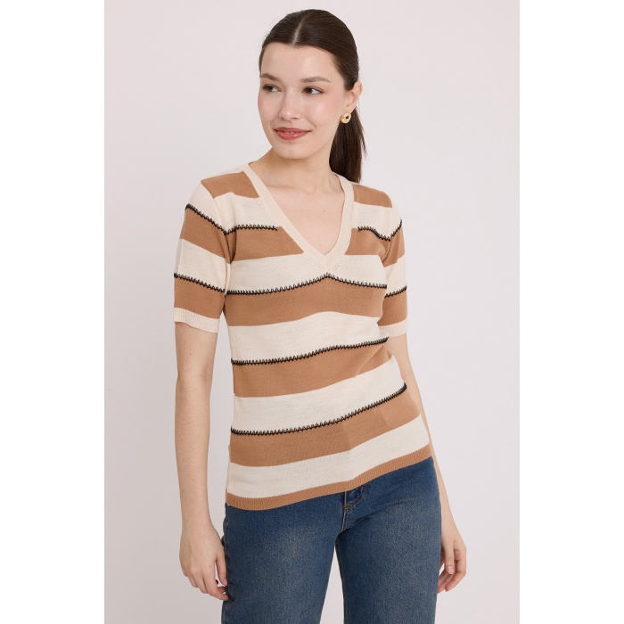 Kadın Bisküvi Krem Çizgili Kısa Kol Bluz 15869