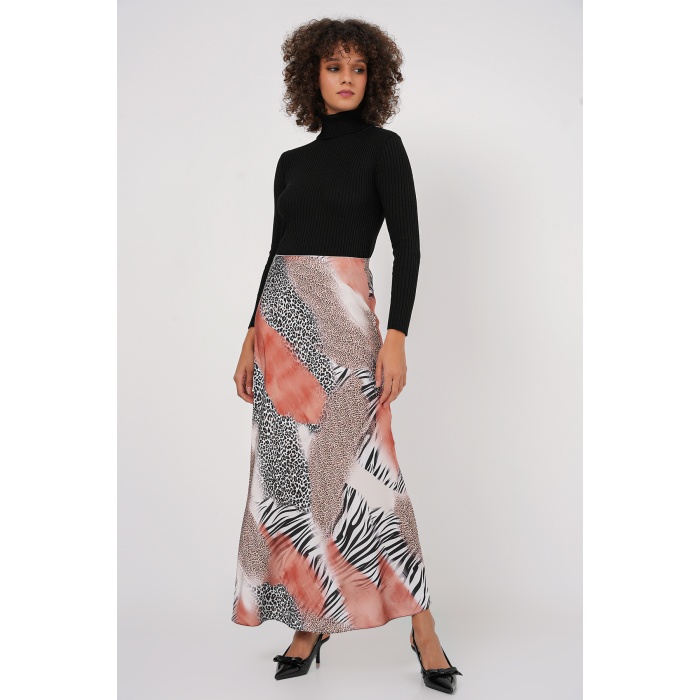 Kadın Desenli Saten Etek 15877 - Turuncu