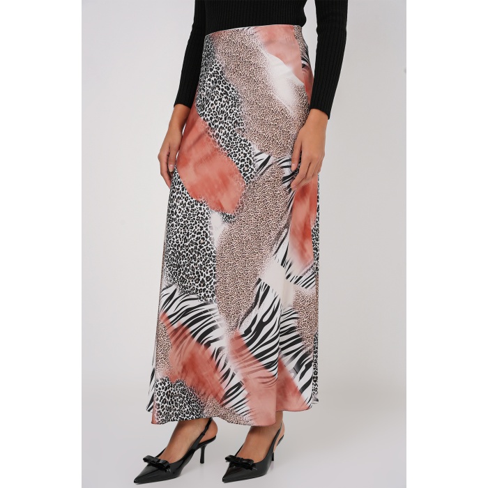 Kadın Desenli Saten Etek 15877 - Turuncu