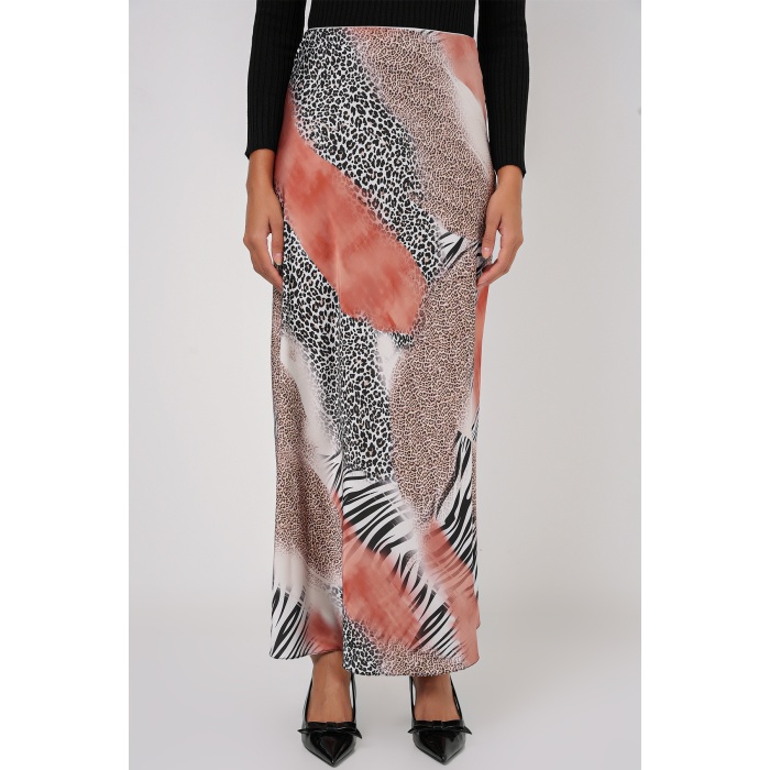 Kadın Desenli Saten Etek 15877 - Turuncu