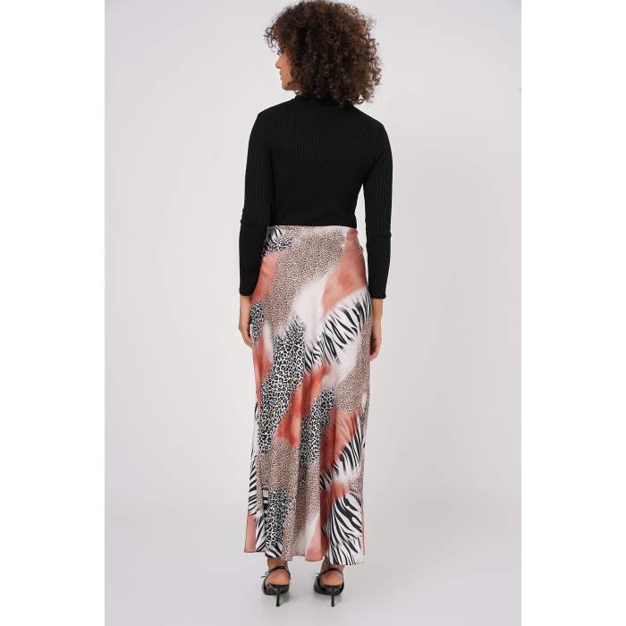 Kadın Desenli Saten Etek 15877 - Turuncu