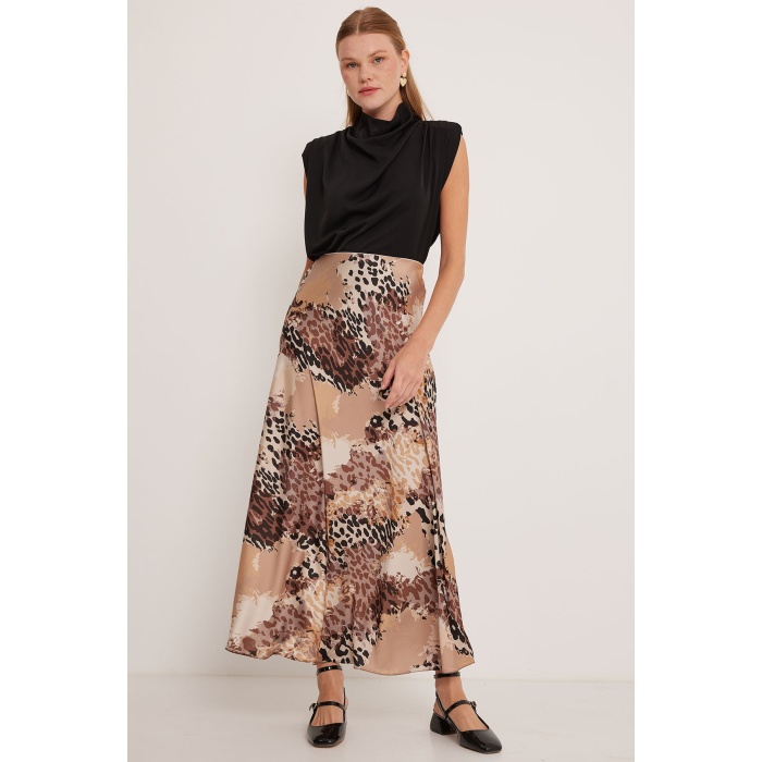 Kadın Sütlü Kahve Desenli Saten Etek 15877