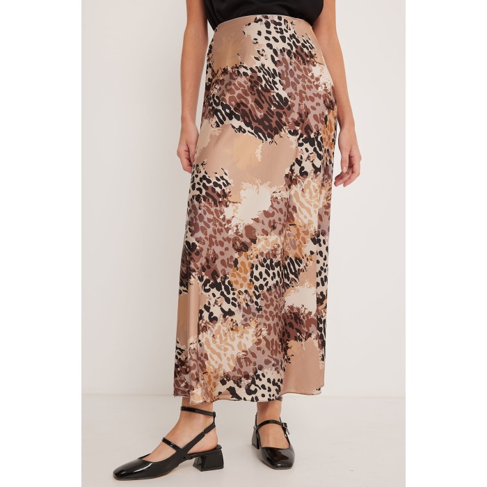 Kadın Sütlü Kahve Desenli Saten Etek 15877