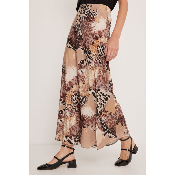 Kadın Sütlü Kahve Desenli Saten Etek 15877