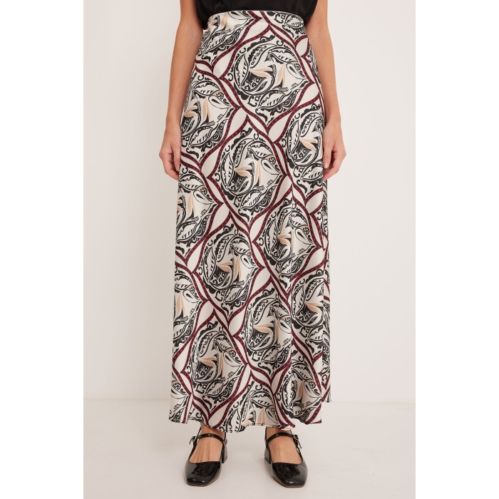 Kadın Siyah Bej Desenli Saten Etek 15877