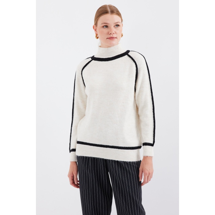 15879 Çizgili Oversize Triko Kazak - Ekru