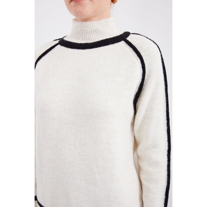 15879 Çizgili Oversize Triko Kazak - Ekru