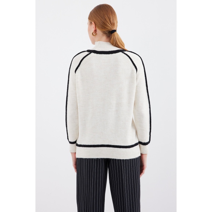 15879 Çizgili Oversize Triko Kazak - Ekru