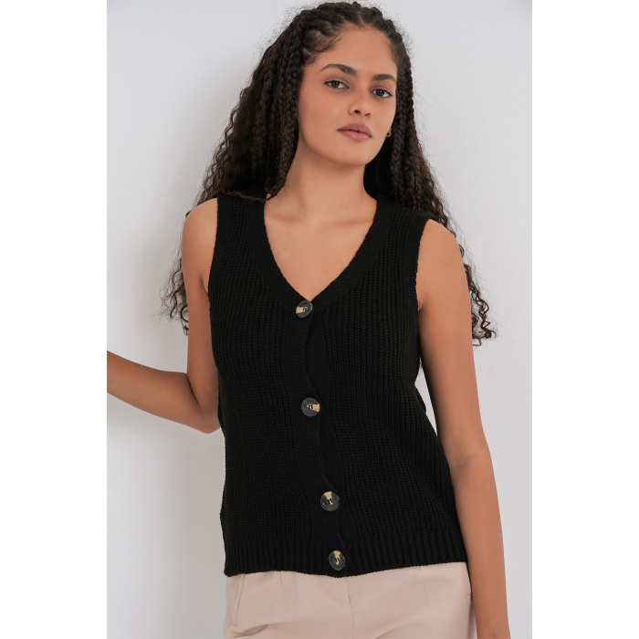 15881 Düğmeli Kısa Triko Yelek - Siyah