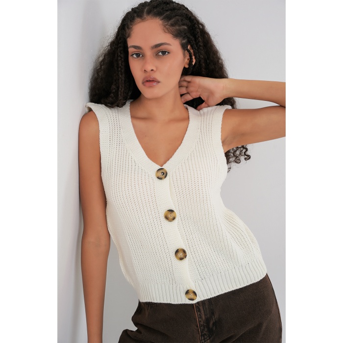 15881 Düğmeli Kısa Triko Yelek - Ekru