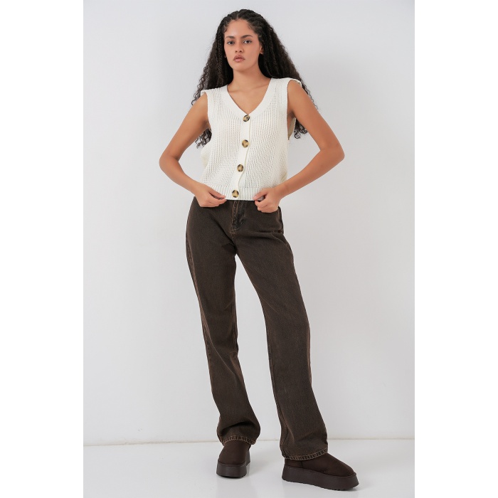 15881 Düğmeli Kısa Triko Yelek - Ekru